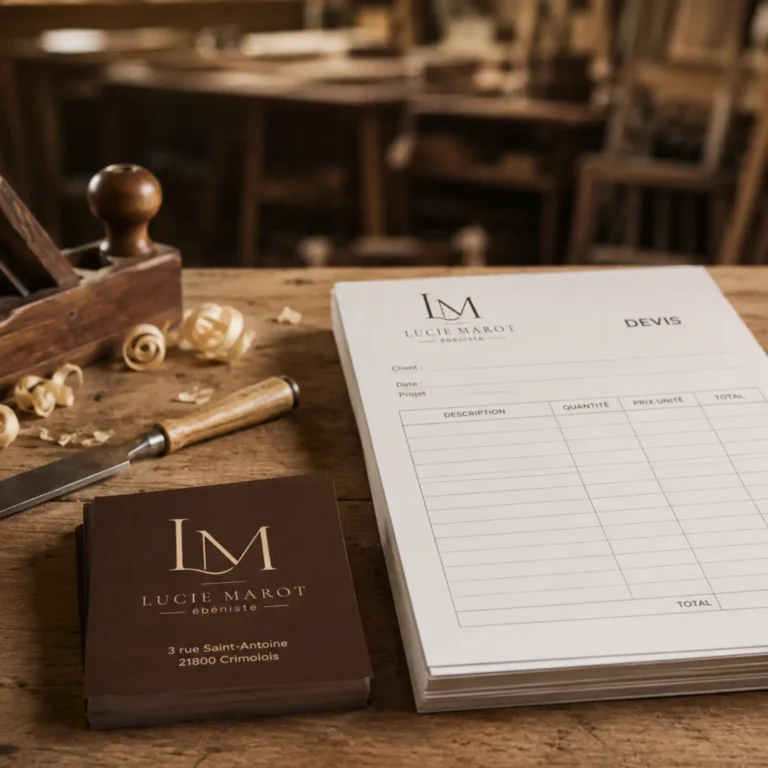 Logo et documents conçus pour une ébéniste par Onze Heures Onze